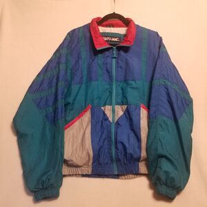 Mighty Mac M Windbreaker Full Zip Lined Blue Turquoise Color Block Vintage 90s